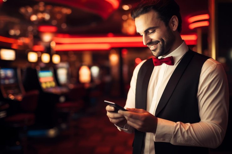 Studio live dealer dengan meja roulette dan dealer profesional menampilkan layar realtime